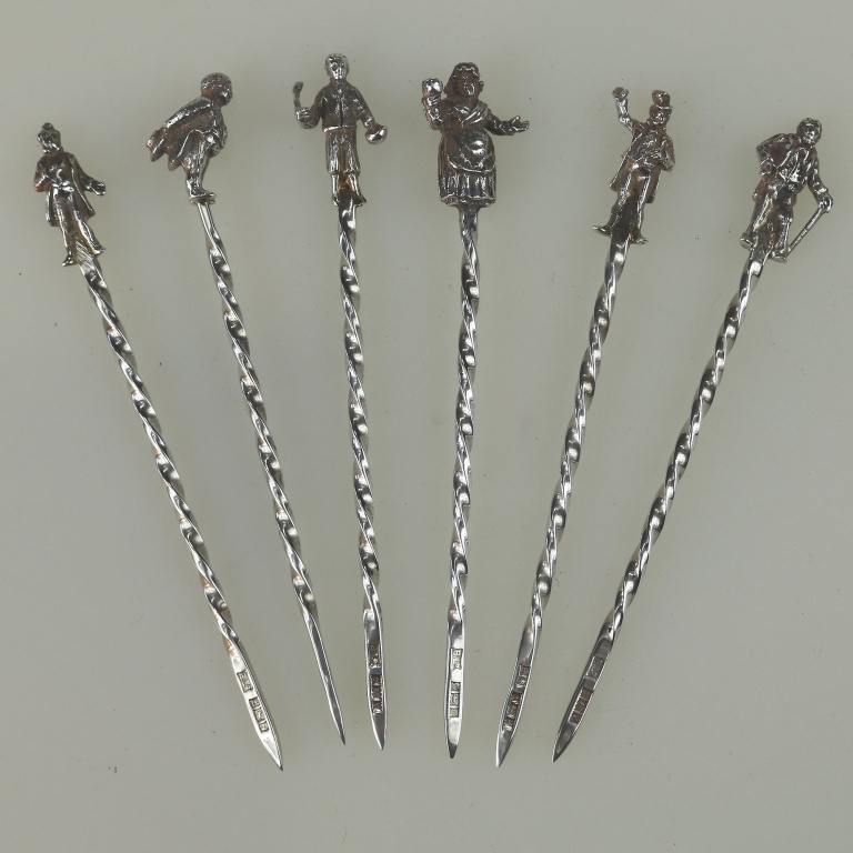 A set of novelty English solid silver Charles Dickens Characters Cocktail Sticks 1973 - Image 4