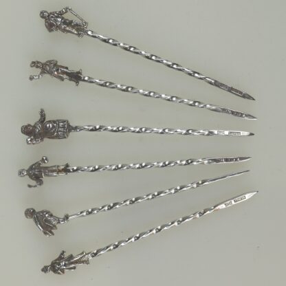 A set of novelty English solid silver Charles Dickens Characters Cocktail Sticks 1973 - Image 5