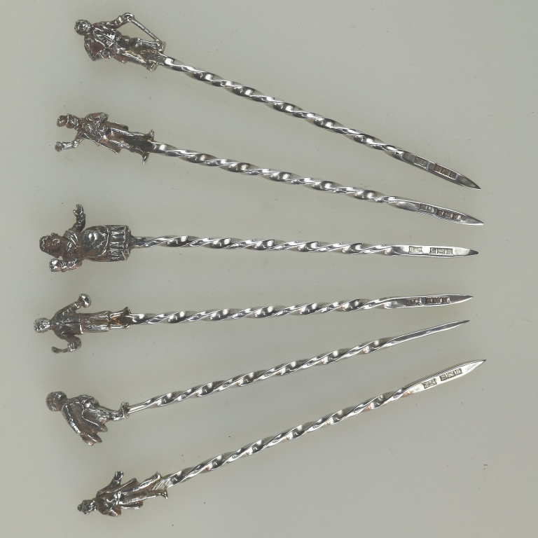 A set of novelty English solid silver Charles Dickens Characters Cocktail Sticks 1973 - Image 5