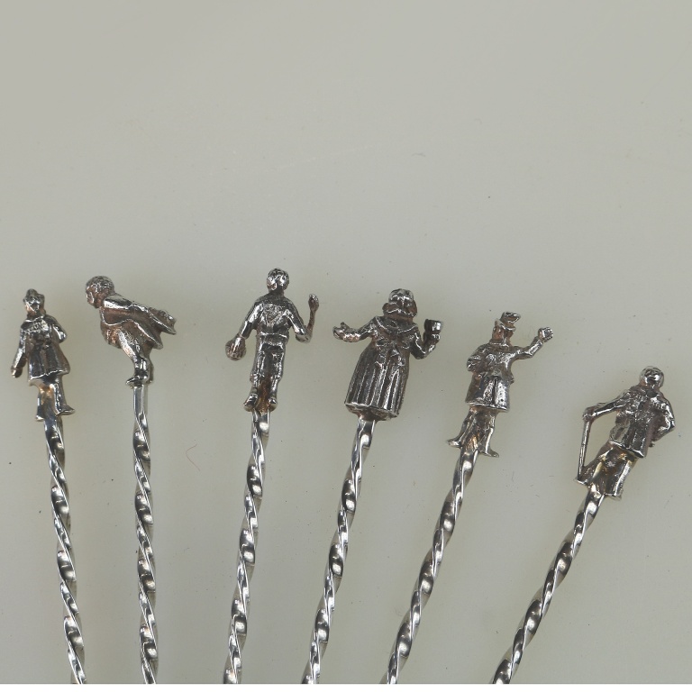 A set of novelty English solid silver Charles Dickens Characters Cocktail Sticks 1973 - Image 6
