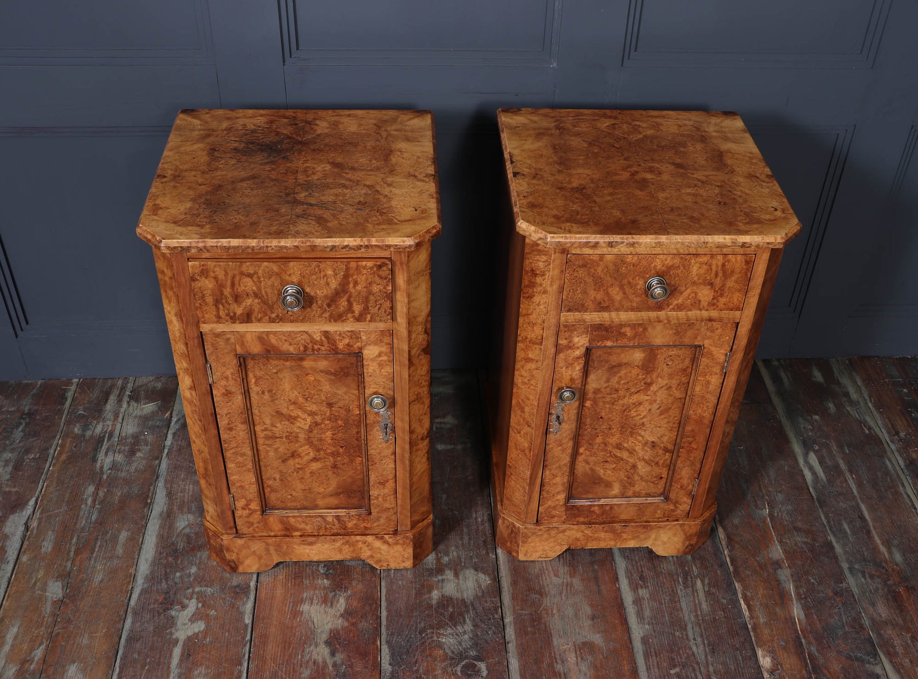 Antique Crafted English Antique Burr Walnut Bedside Cabinets x2