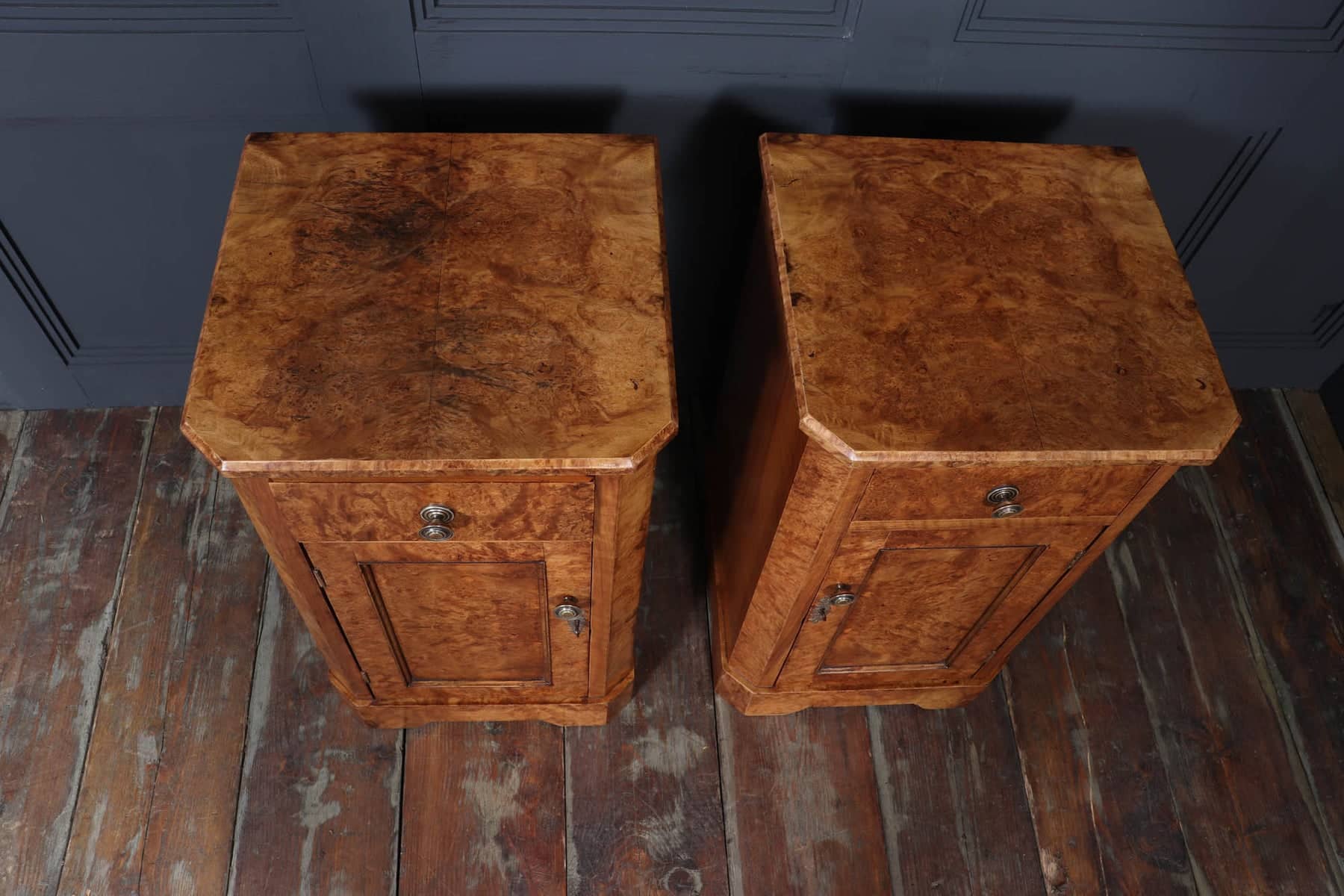 Antique Crafted English Antique Burr Walnut Bedside Cabinets x2