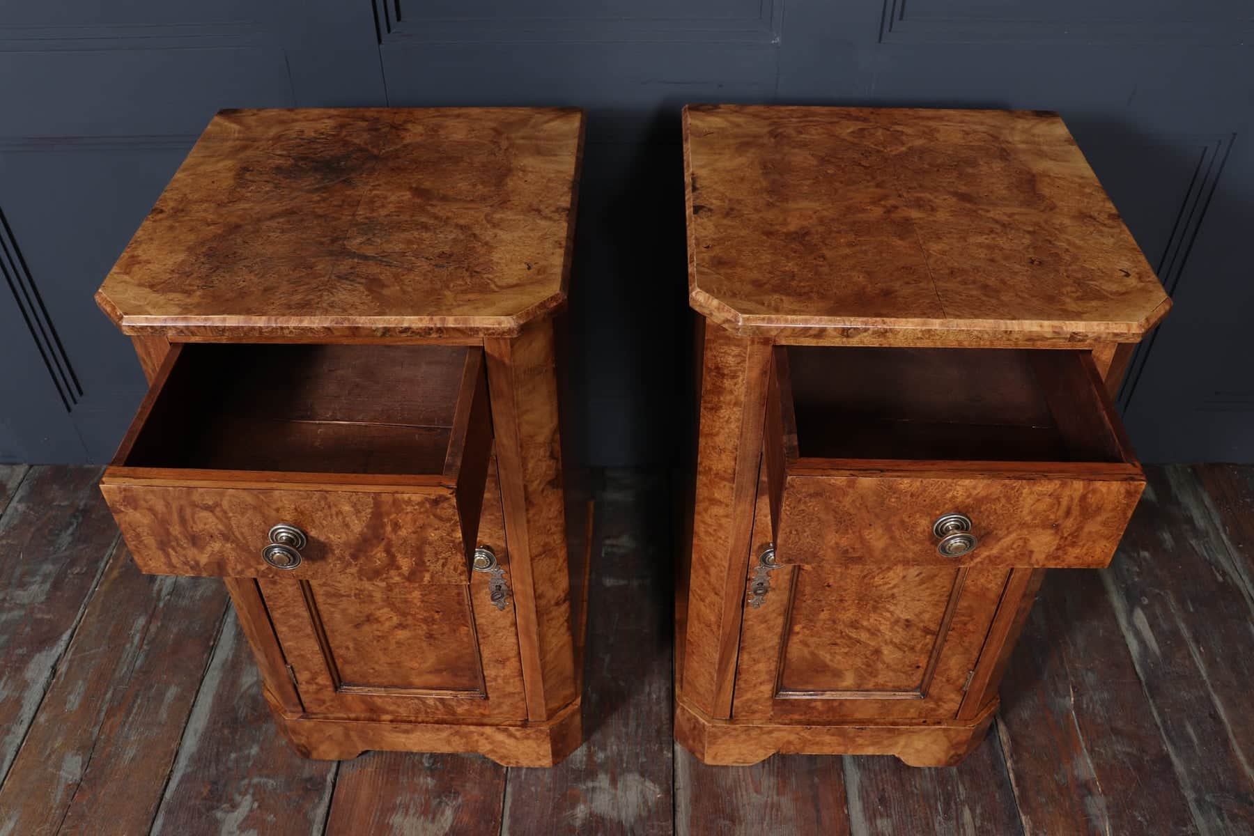Antique Crafted English Antique Burr Walnut Bedside Cabinets x2