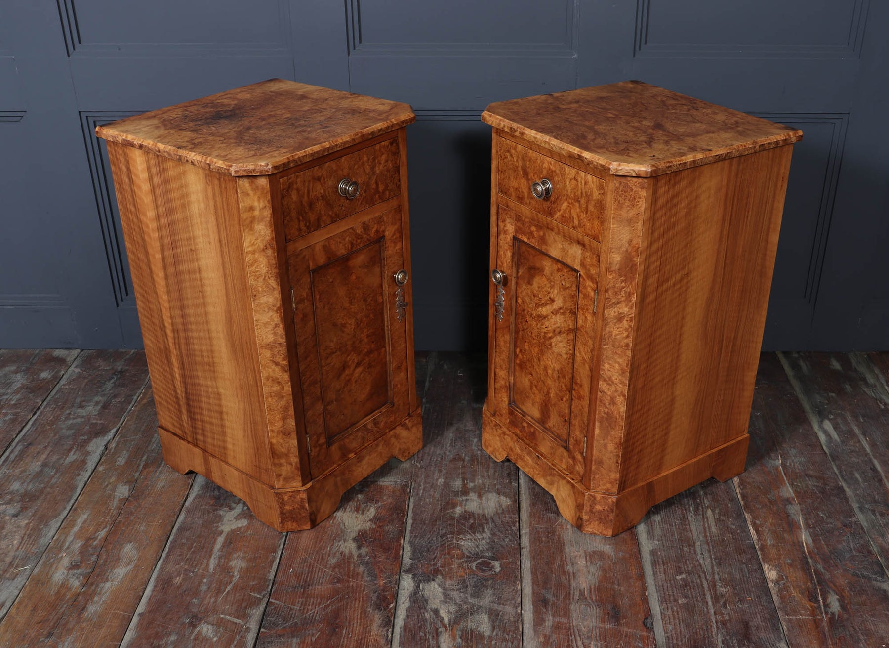 Antique Crafted English Antique Burr Walnut Bedside Cabinets x2