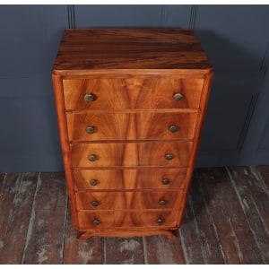 Tall Slim French Walnut Art Deco Chest Of Drawers