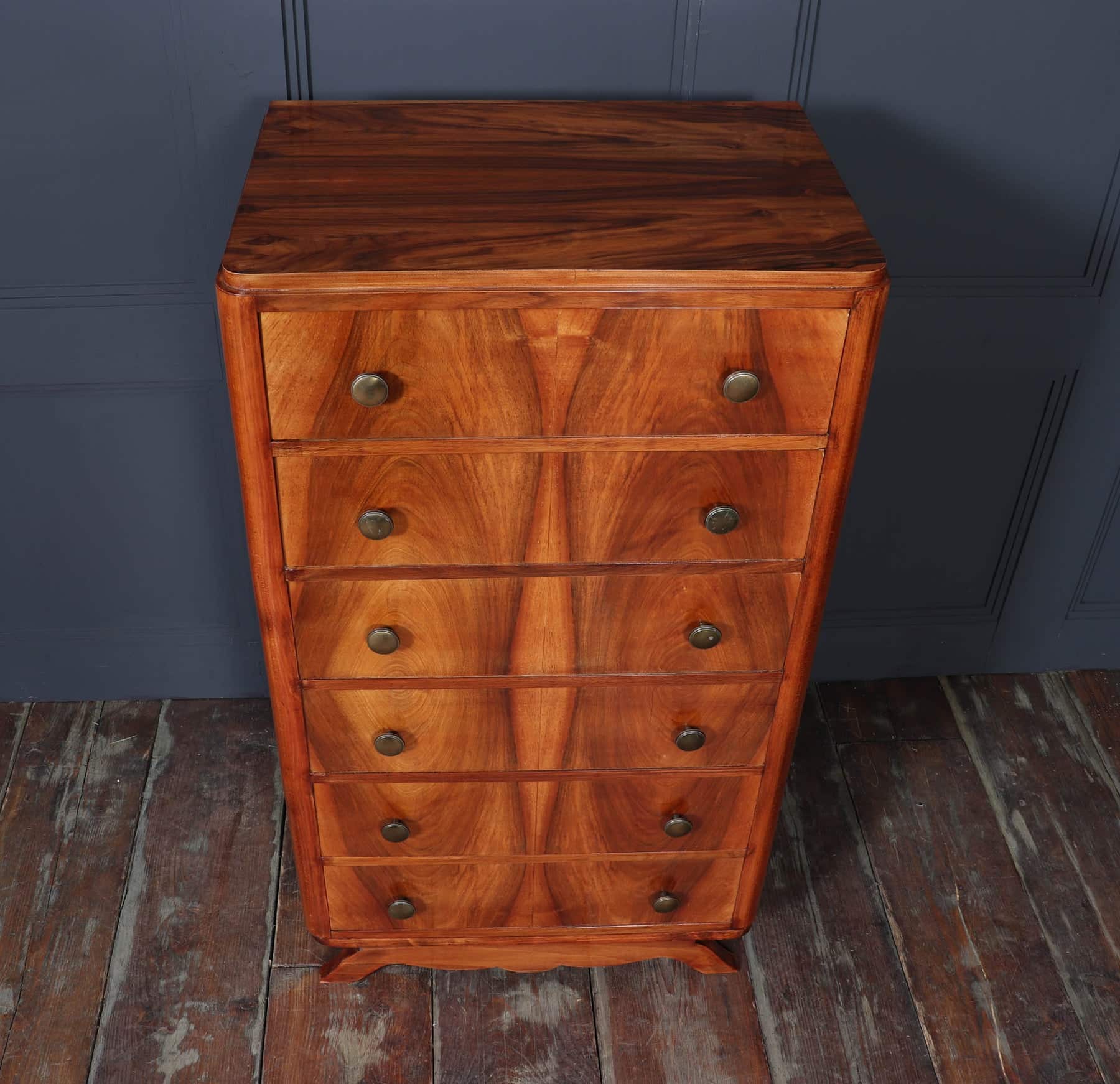 Tall Slim French Walnut Art Deco Chest Of Drawers