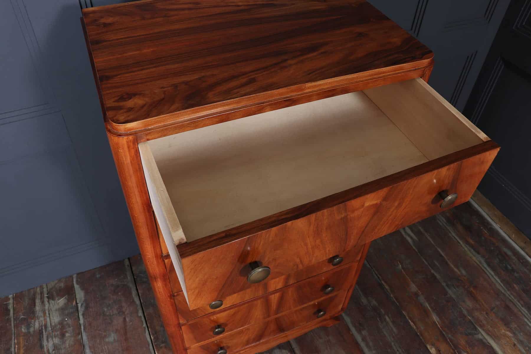 Tall Slim French Walnut Art Deco Chest Of Drawers