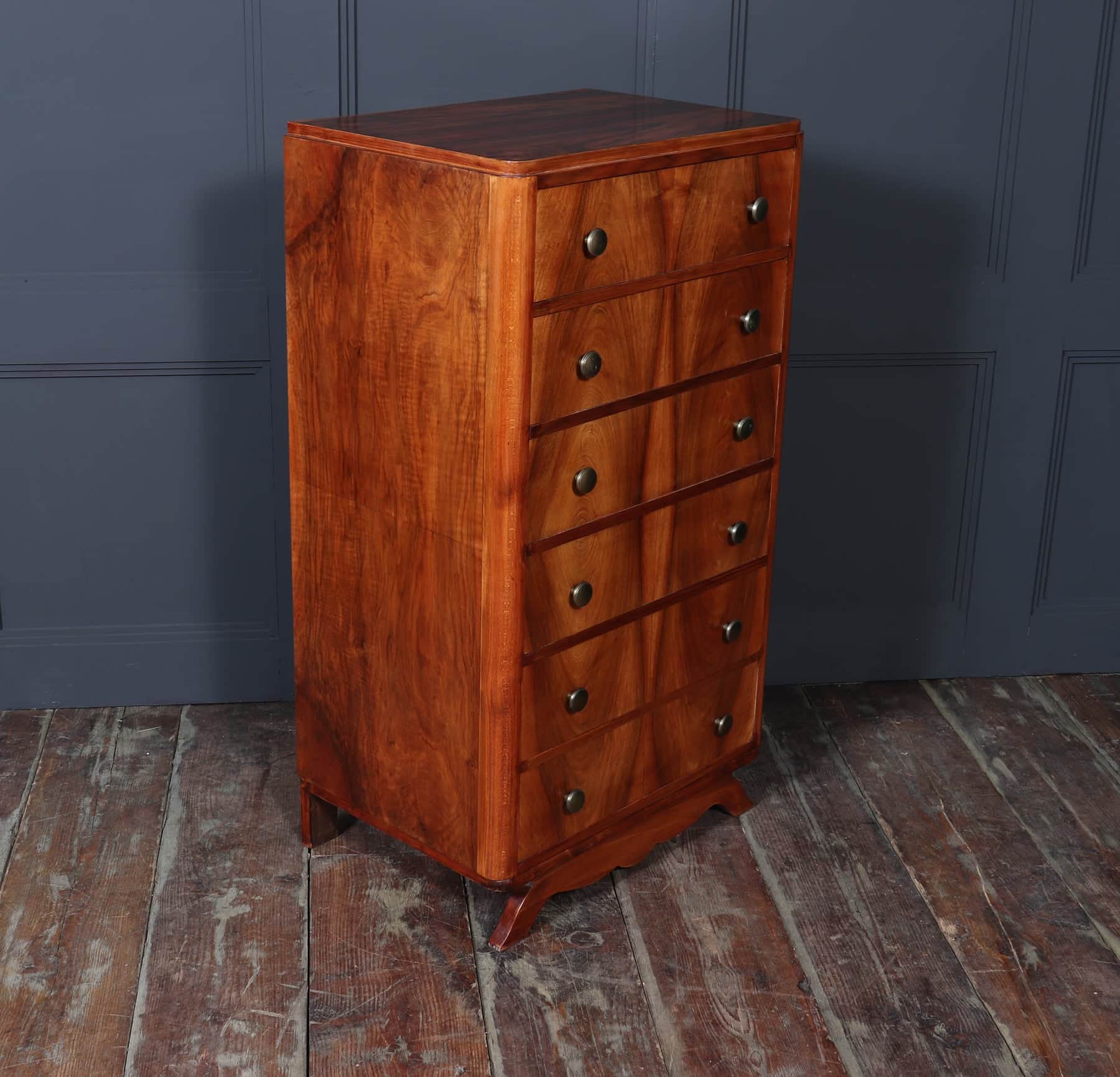 Tall Slim French Walnut Art Deco Chest Of Drawers