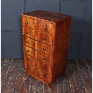 Tall Slim French Walnut Art Deco Chest Of Drawers