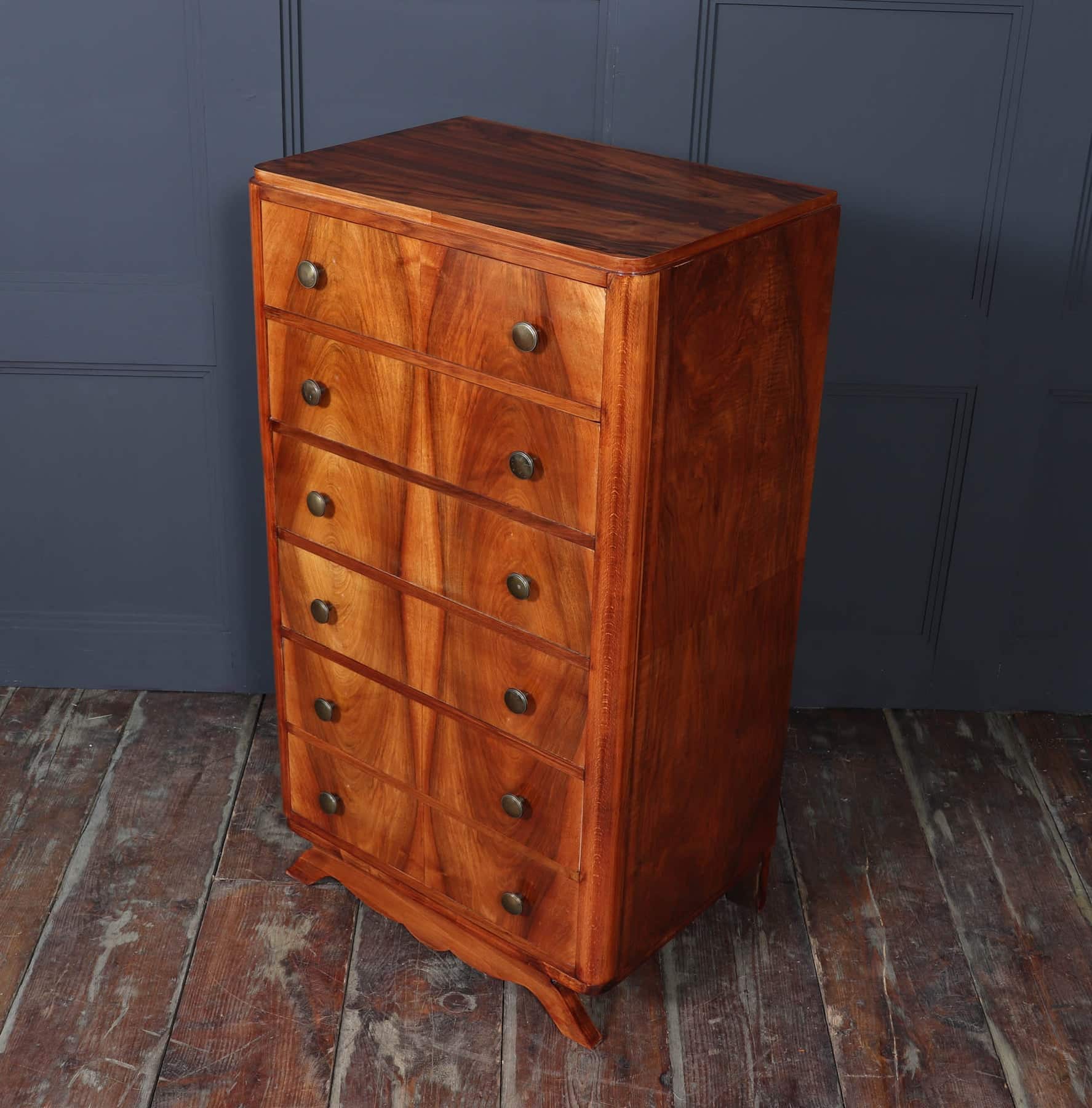 Tall Slim French Walnut Art Deco Chest Of Drawers