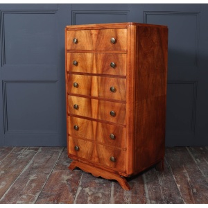 Tall Slim French Walnut Art Deco Chest Of Drawers