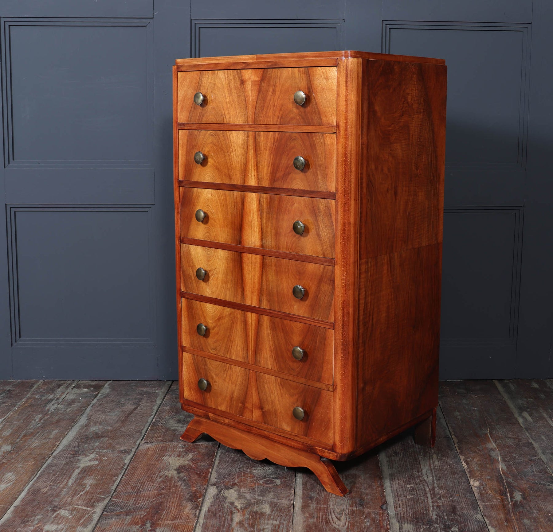 Tall Slim French Walnut Art Deco Chest Of Drawers