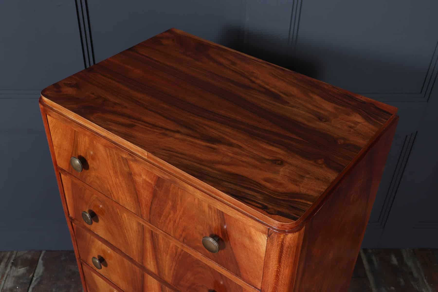 Tall Slim French Walnut Art Deco Chest Of Drawers