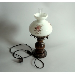 Old table lamp, made of milk glass with a glass inner cylinder, wood/metal base, Vintage