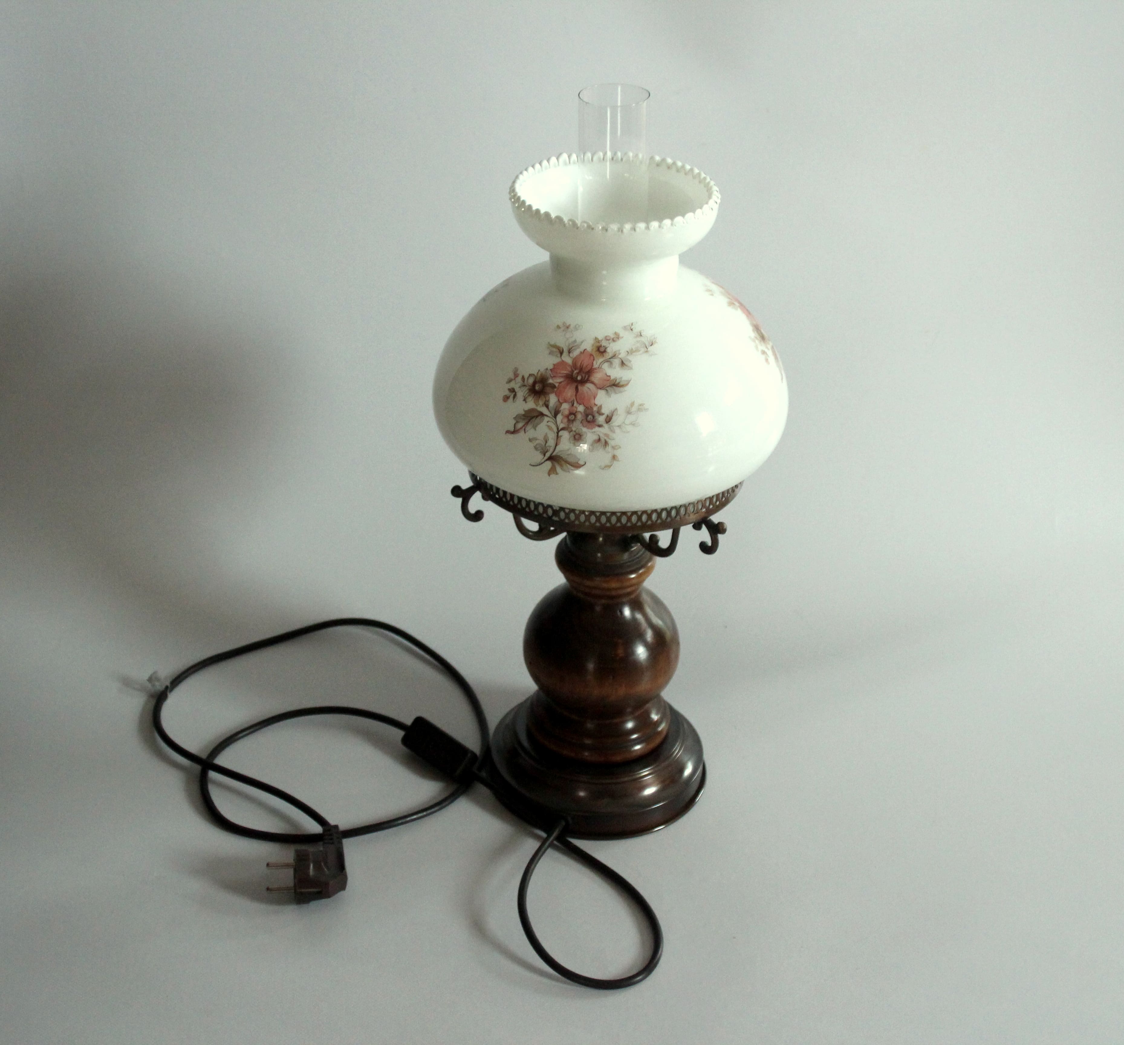 Old table lamp, made of milk glass with a glass inner cylinder, wood/metal base, Vintage