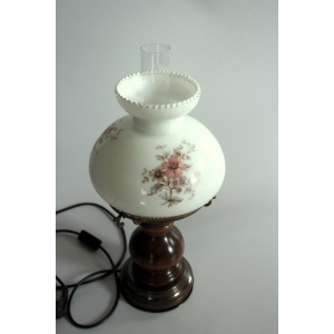 Old table lamp, made of milk glass with a glass inner cylinder, wood/metal base, Vintage