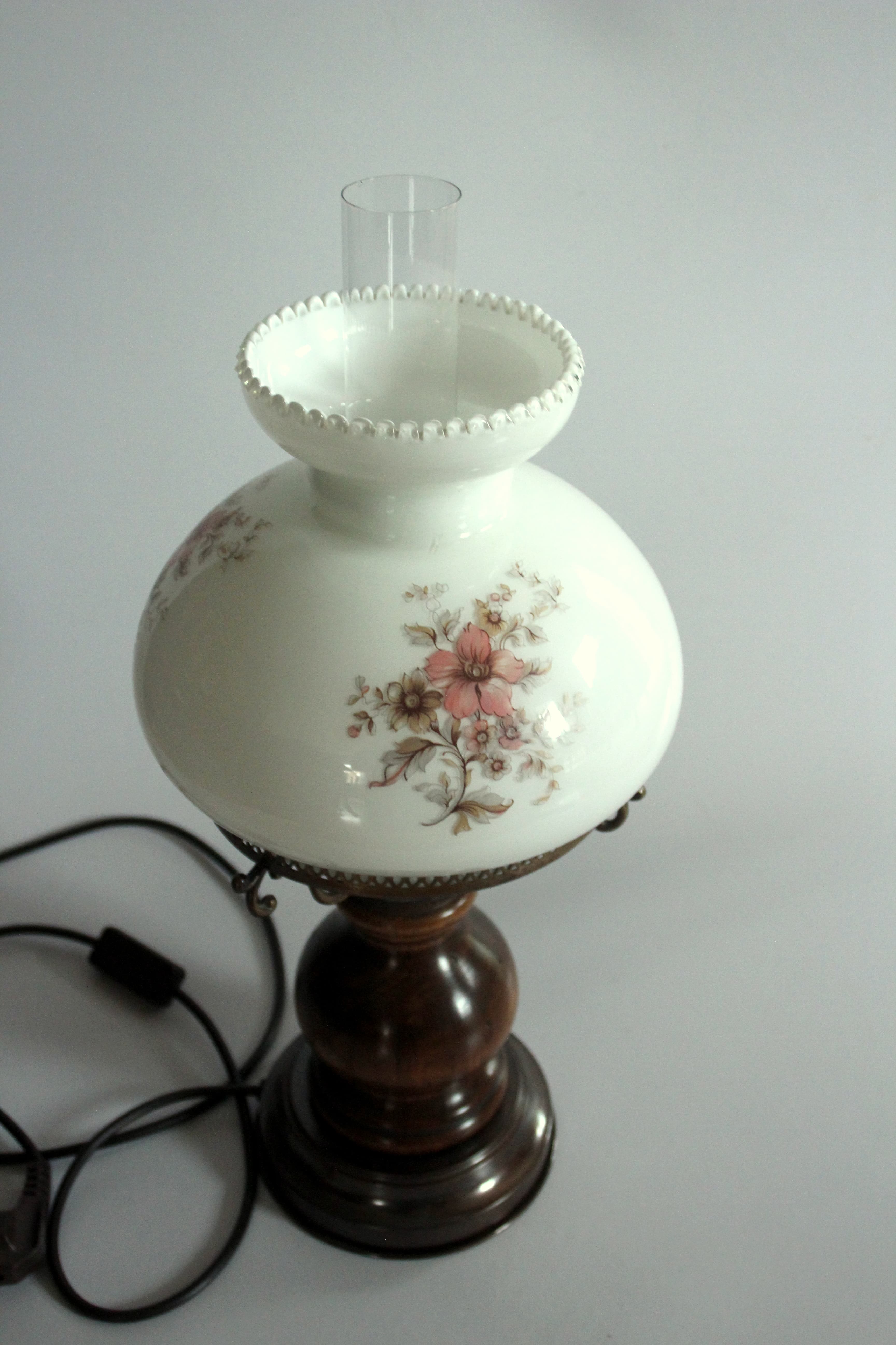Old table lamp, made of milk glass with a glass inner cylinder, wood/metal base, Vintage