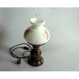 Old table lamp, made of milk glass with a glass inner cylinder, wood/metal base, Vintage