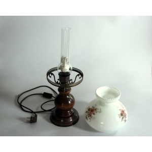 Old table lamp, made of milk glass with a glass inner cylinder, wood/metal base, Vintage
