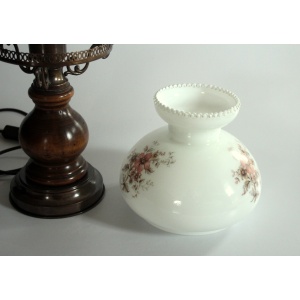Old table lamp, made of milk glass with a glass inner cylinder, wood/metal base, Vintage