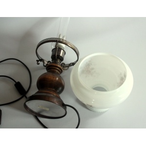 Old table lamp, made of milk glass with a glass inner cylinder, wood/metal base, Vintage