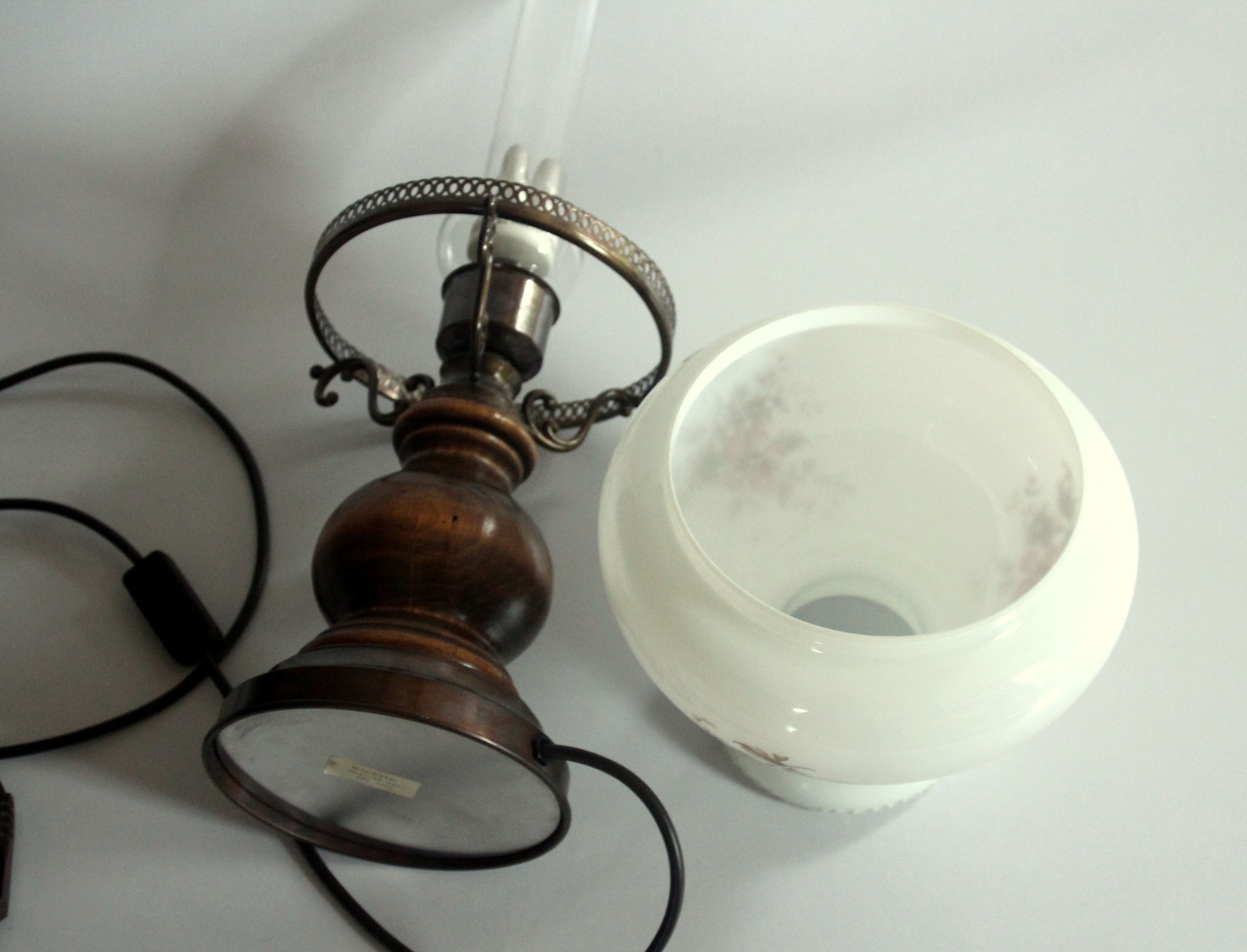 Old table lamp, made of milk glass with a glass inner cylinder, wood/metal base, Vintage