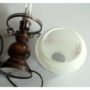 Old table lamp, made of milk glass with a glass inner cylinder, wood/metal base, Vintage