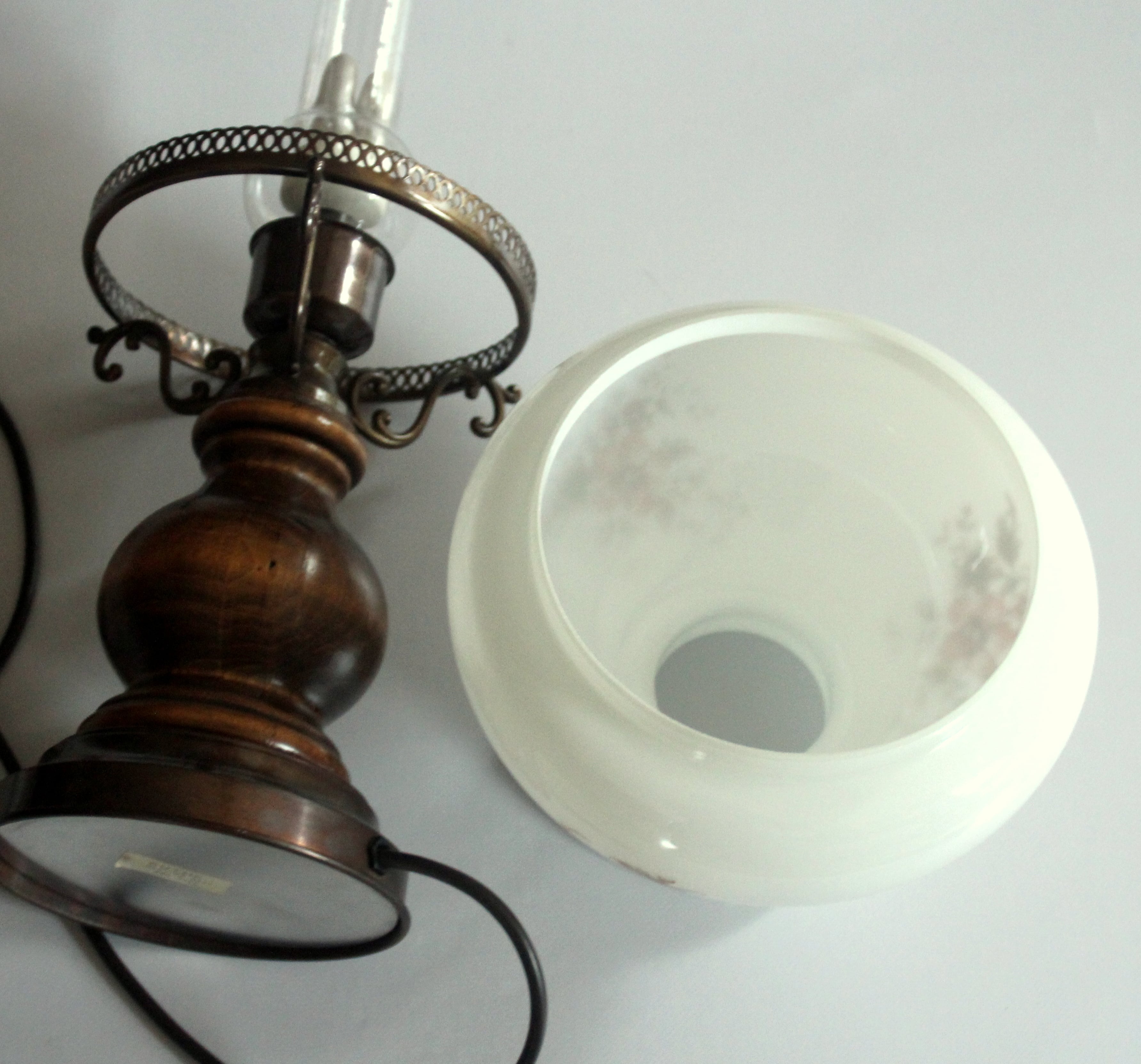Old table lamp, made of milk glass with a glass inner cylinder, wood/metal base, Vintage