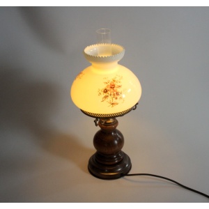 Old table lamp, made of milk glass with a glass inner cylinder, wood/metal base, Vintage