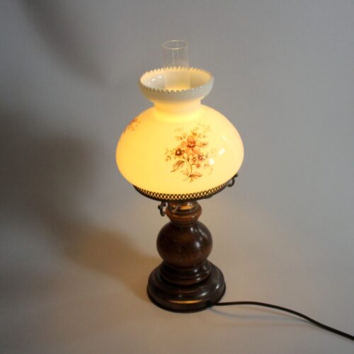 Old table lamp, made of milk glass with a glass inner cylinder, wood/metal base, Vintage