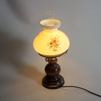 Old table lamp, made of milk glass with a glass inner cylinder, wood/metal base, Vintage