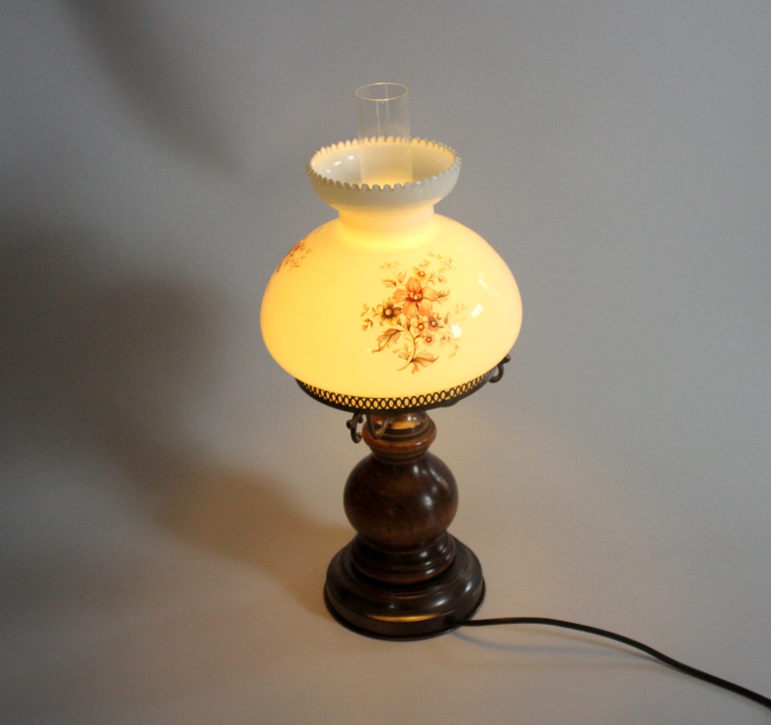 Old table lamp, made of milk glass with a glass inner cylinder, wood/metal base, Vintage
