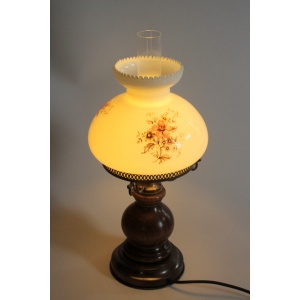 Old table lamp, made of milk glass with a glass inner cylinder, wood/metal base, Vintage