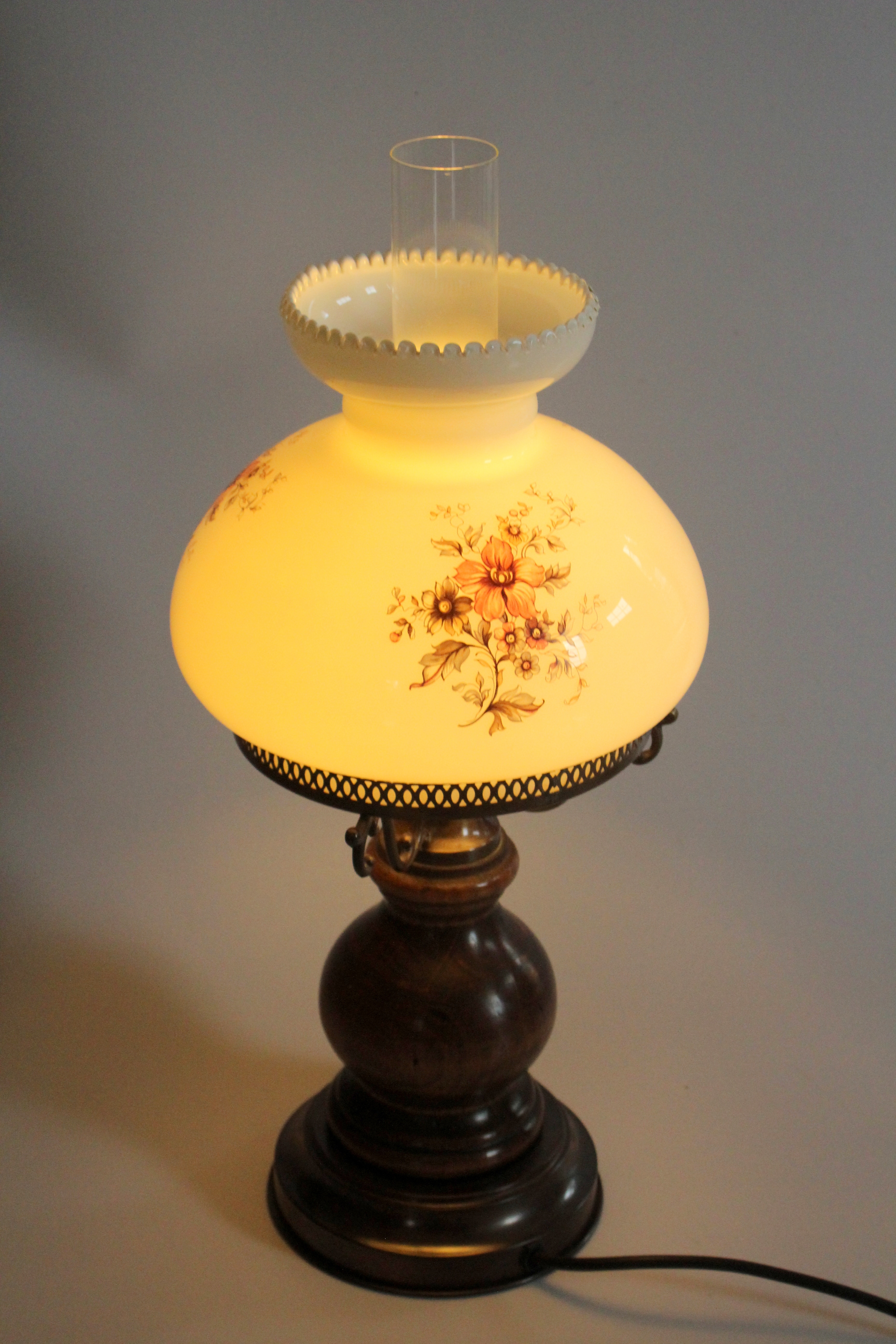 Old table lamp, made of milk glass with a glass inner cylinder, wood/metal base, Vintage
