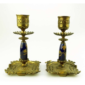 An unusual pair of antique designer gilt & porcelain inlaid Candlesticks C.19thC