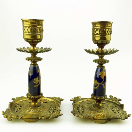An unusual pair of antique designer gilt & porcelain inlaid Candlesticks C.19thC