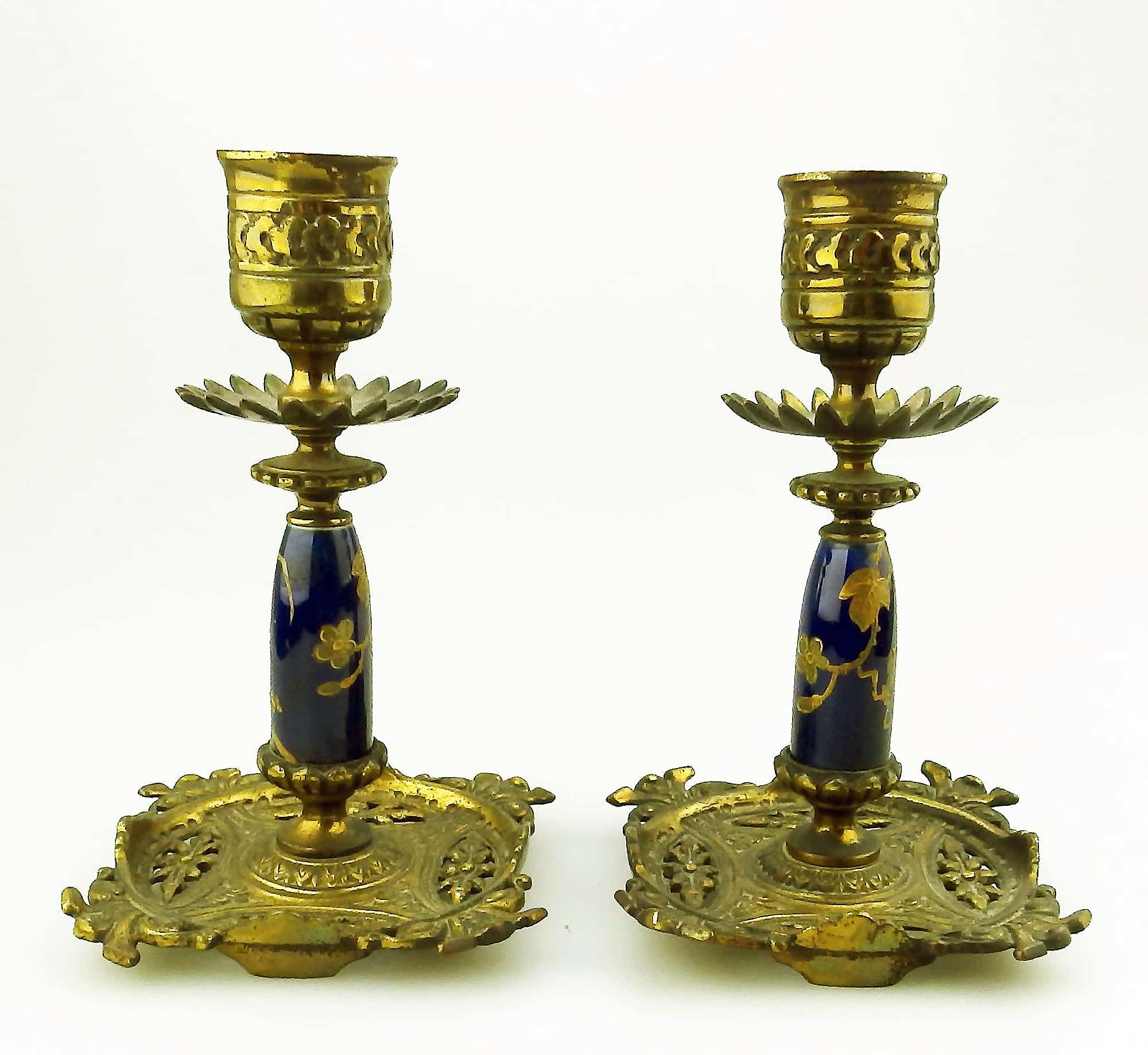 An unusual pair of antique designer gilt & porcelain inlaid Candlesticks C.19thC