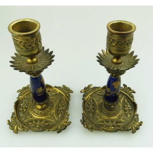 An unusual pair of antique designer gilt & porcelain inlaid Candlesticks C.19thC