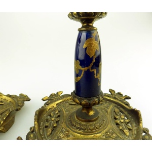 An unusual pair of antique designer gilt & porcelain inlaid Candlesticks C.19thC
