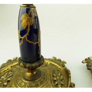 An unusual pair of antique designer gilt & porcelain inlaid Candlesticks C.19thC
