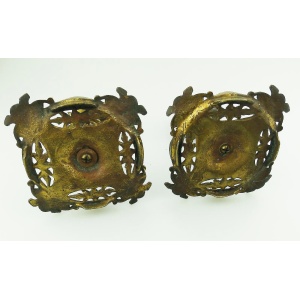 An unusual pair of antique designer gilt & porcelain inlaid Candlesticks C.19thC