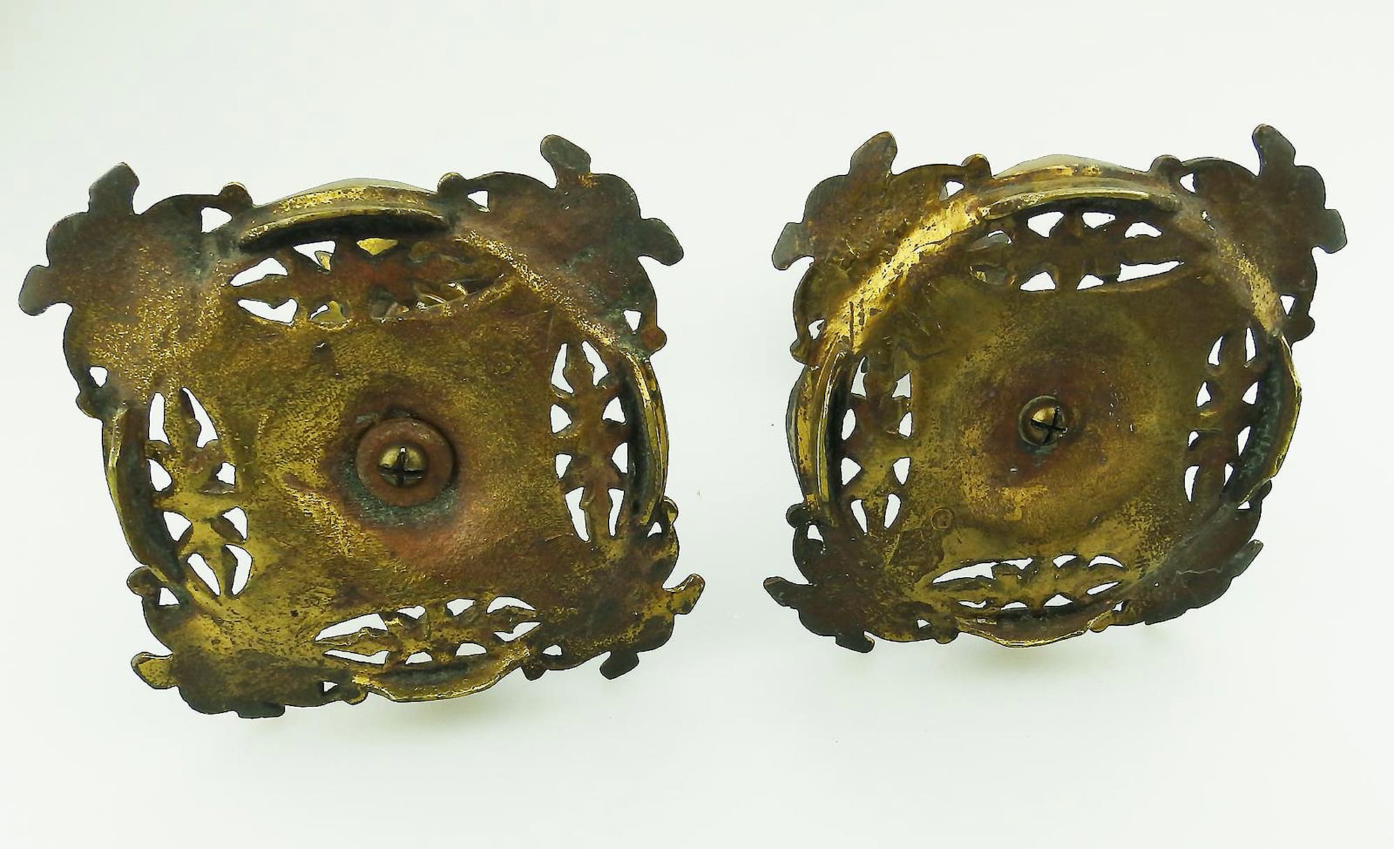 An unusual pair of antique designer gilt & porcelain inlaid Candlesticks C.19thC