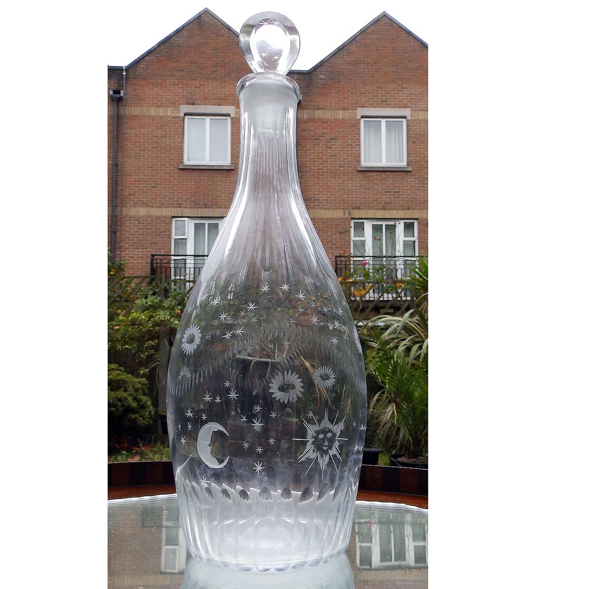 A fine Masonic antique Georgian Indian Club shape engraved glass Decanter C.1780