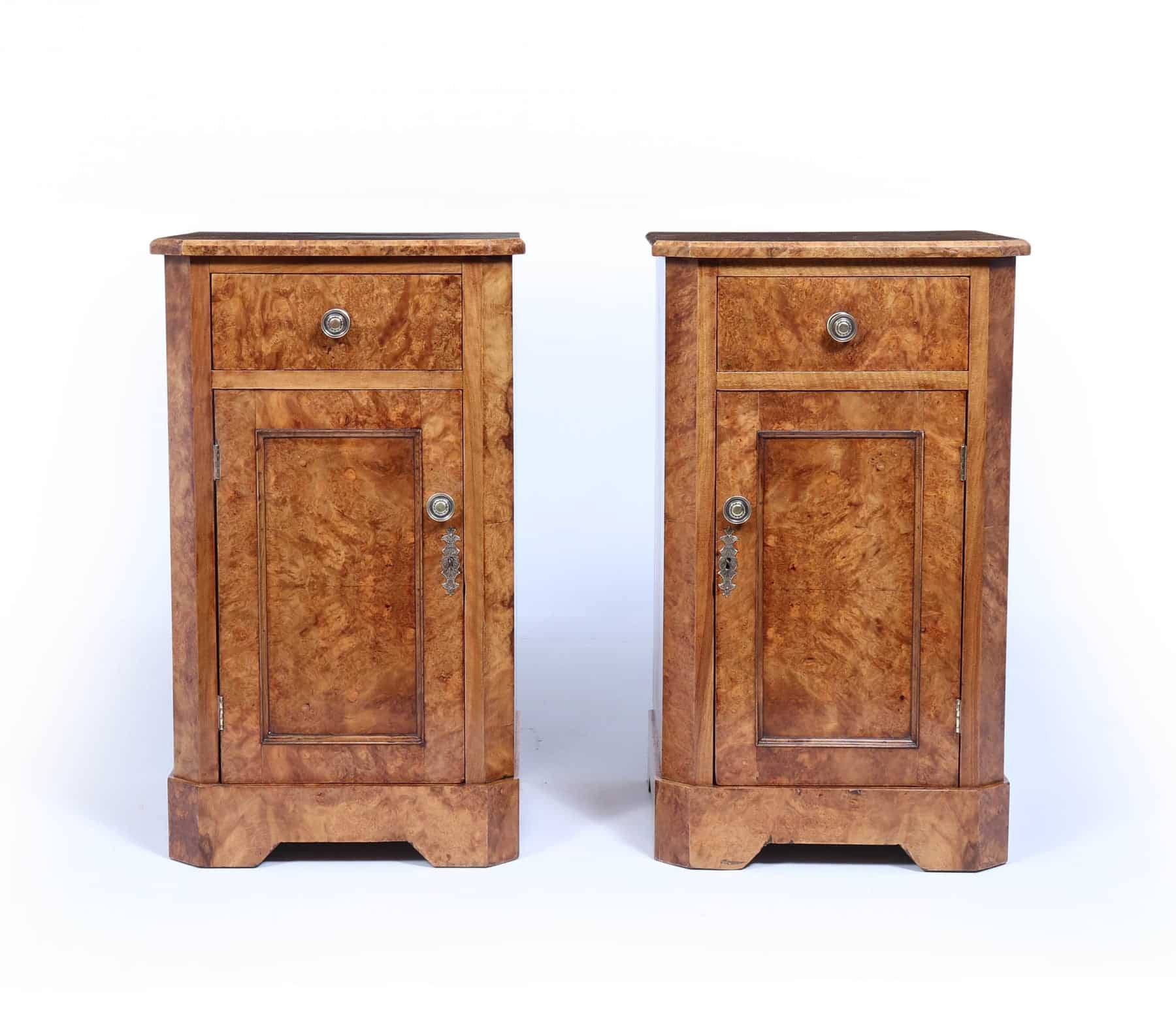 Antique Crafted English Antique Burr Walnut Bedside Cabinets x2