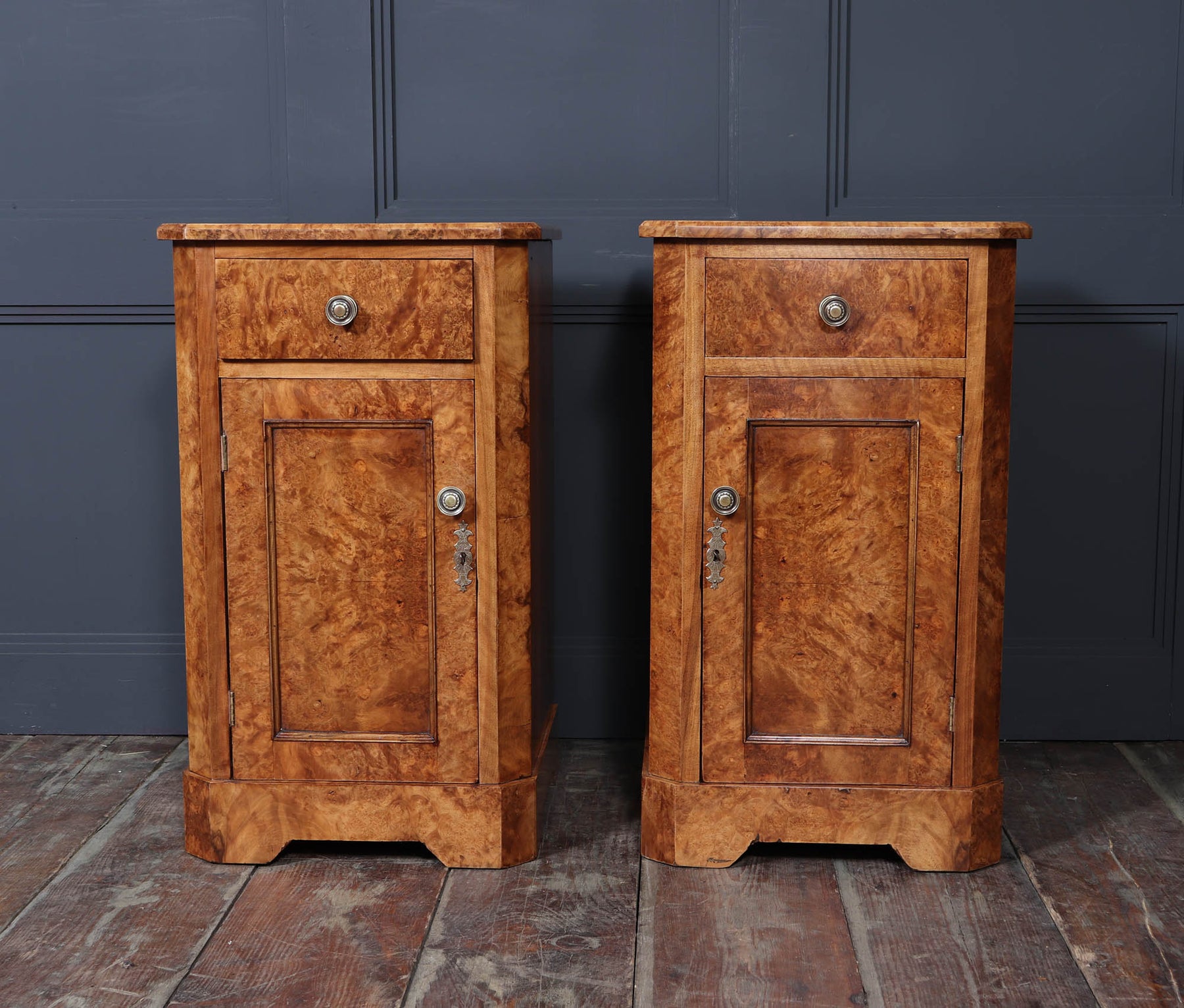 Antique Crafted English Antique Burr Walnut Bedside Cabinets x2