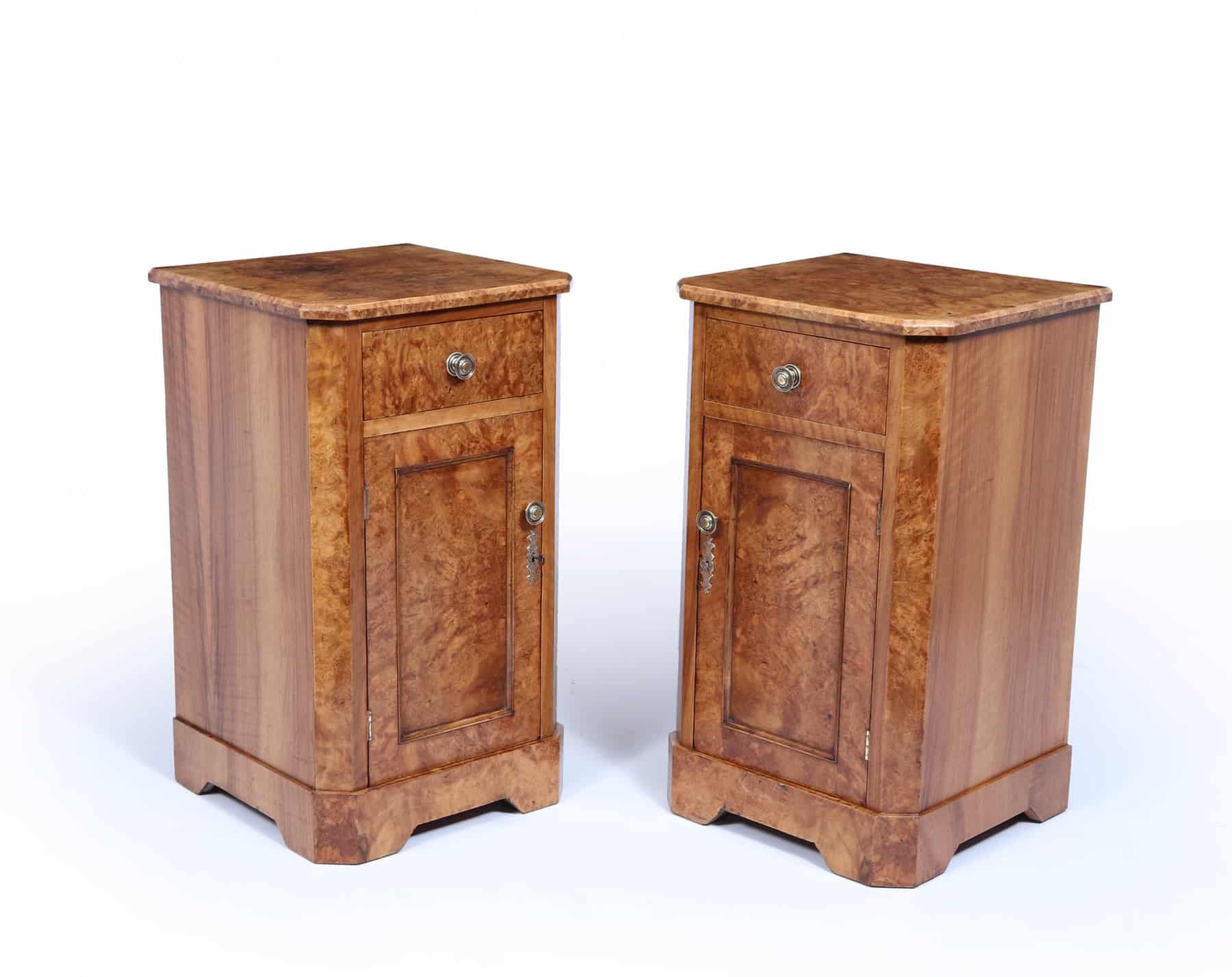 Antique Crafted English Antique Burr Walnut Bedside Cabinets x2