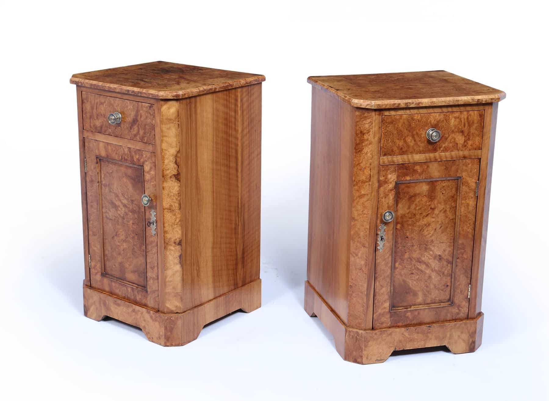 Antique Crafted English Antique Burr Walnut Bedside Cabinets x2