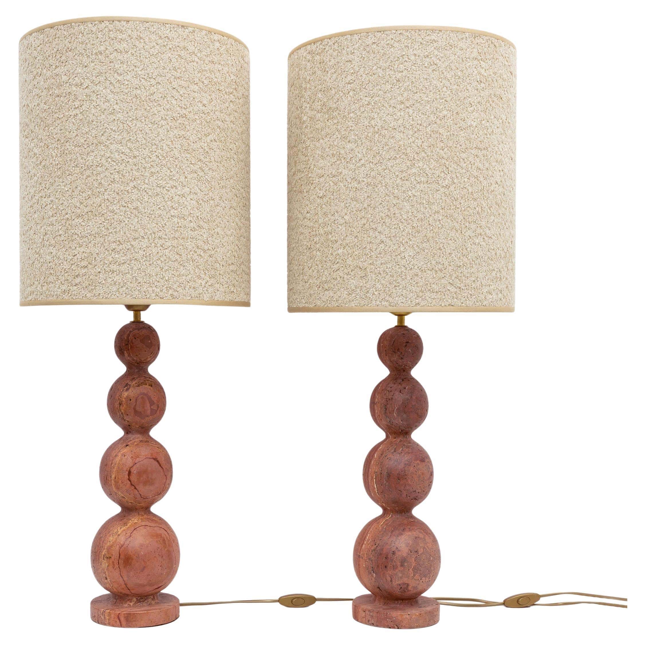 Pair of Italian Modern Red Travertine Sphere Lamps