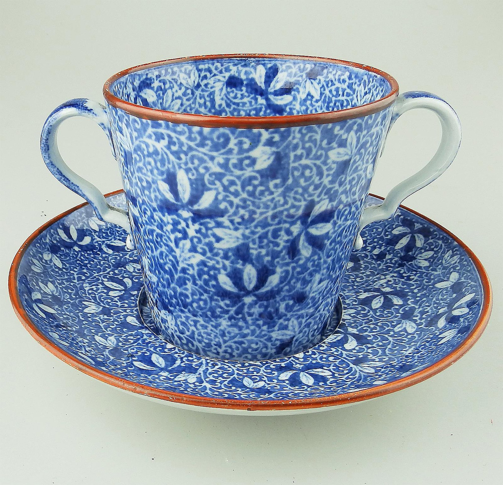 An antique Georgian pearlware Spode Pottery B&W transferware Loving Cup C.1810
