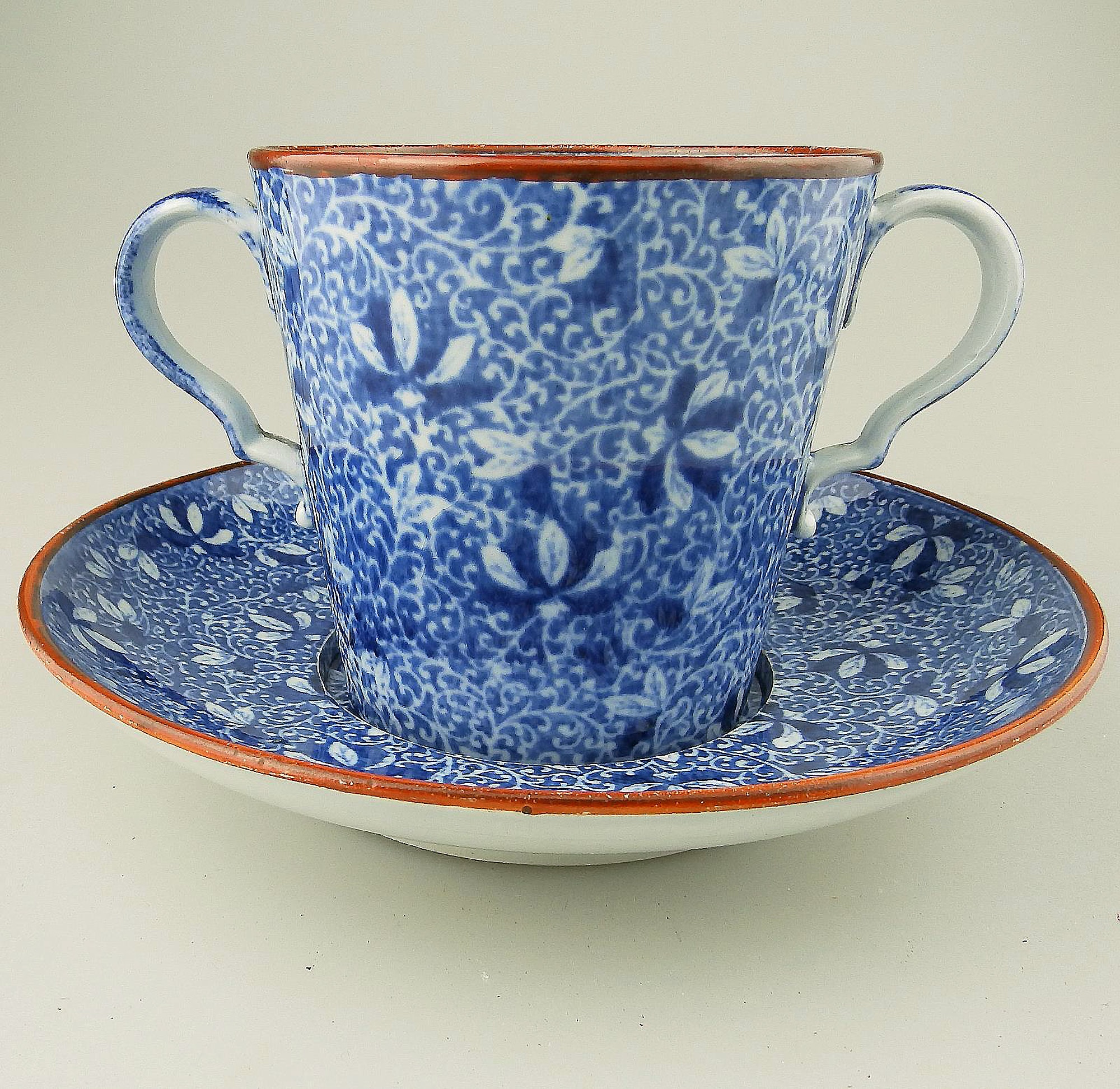 An antique Georgian pearlware Spode Pottery B&W transferware Loving Cup C.1810